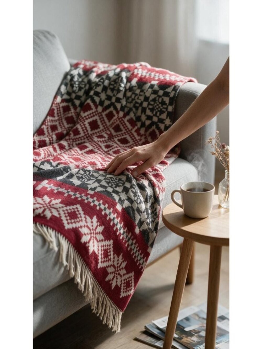 Barker Textiles Wool Throw Blanket Scandinavian Folk Style Red White Geometric